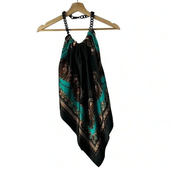 Unyx Y2K Tie Back Blue & Black Printed Satin Bandana Tank Top S - Picture 1 of 5